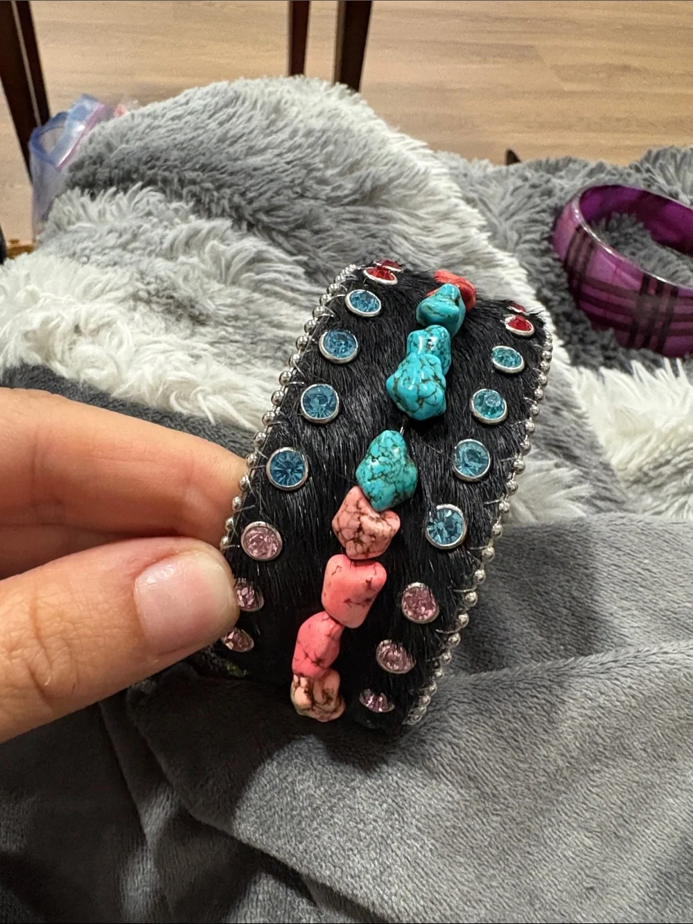 CowhideBlack Hair-On Leather Cuff Bracelet with Turquoise and Pink Stone Accents